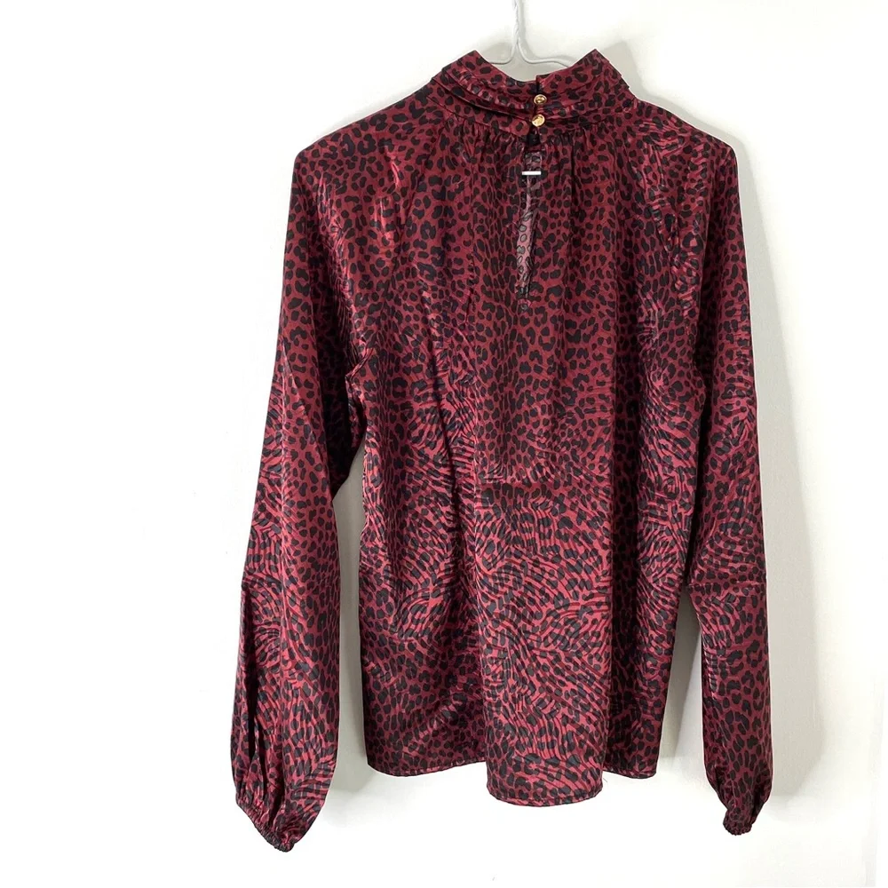 MICHAEL Michael Kors Wine Black Animal Print Pleated Blouse Long Puff Sleeve NWT - Picture 5 of 9